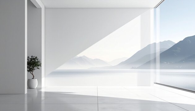 Minimalist Interior With Large Window Overlooking Mountainous Landscape And Lake During Sunny Day
