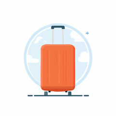 Orange suitcase for travel and vacation in a circular frame with sky and clouds