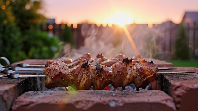 Skewers of marinated meat sizzle over glowing coals as the sun sets in the background, casting a warm light over the scene. The skewers and coals create an inviting atmosphere for outdoor cooking.