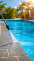 Cleaning poolside tiles with pressure washer in sunny outdoor setting