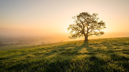 Serene landscape with solitary tree at sunrise in green meadow
