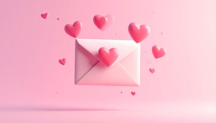 Pink Envelope with Floating Hearts on Pink Background Representing Romance and Affection