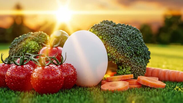 A collection of fresh vegetables and a white egg rests on green grass under the warm sunlight. The vegetables and egg create a colorful and healthy scene in nature.