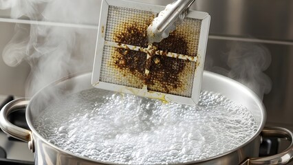 Dirty deep fryer basket with burnt grease and oil residue being cleaned over boiling water in commercial kitchen