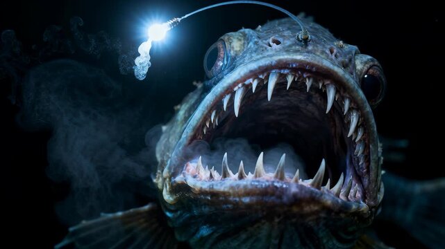 Anglerfish opens its mouth to reveal long needle-like teeth and a glowing bioluminescent lure, set against deep dark water with subtle fog and moody lighting that conveys eerie underwater tension