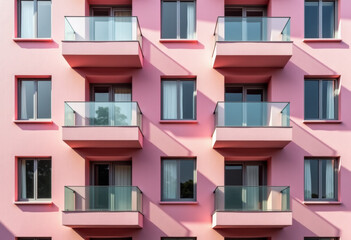 Abstract modern architecture background. Fragment of contemporary facade walls cement building. pattern balconies windows detail. Geometric clear pink building design. multi window. empty balcony.