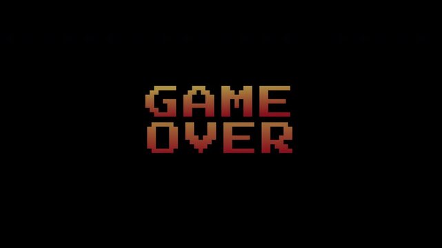 Animation of Game over pixel text  with blinking effect on black background. Retro vintage 8-bit game style.suitable glitch title video game screen. 