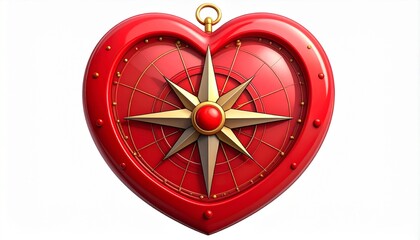 Red Heart-Shaped Compass with Golden Details and White Background Illustrative