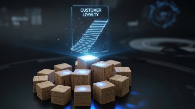 Customer loyalty staircase hologram floating above ascending wooden cubes