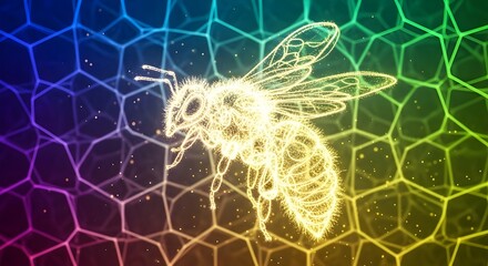 Neon hexagon grid with flowing light waves forming a futuristic technology background