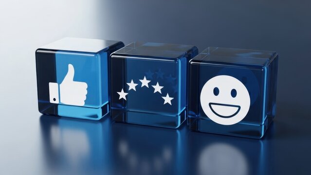 Customer satisfaction icons embedded in blue transparent cubes