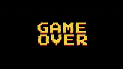 Animated text game over with glitch effect on  black background suitable glitch title video game screen. over game and retro game screen. alpha channel only 4k.
