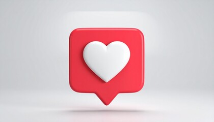 Three Dimensional Red Heart Shaped Notification Bubble with White Heart on Light Gray Background