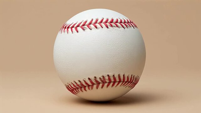 White baseball slowly spinning, showcasing red stitching on a beige studio backdrop.