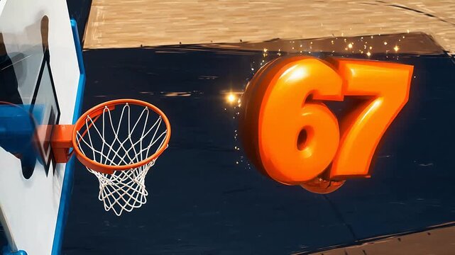 Dynamic Basketball Score Animation with Glowing Number 67 on Dark Court