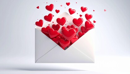 Valentine's Day Concept Red Hearts Bursting From White Envelope Against Light Background