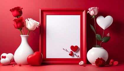 Valentine's Day Composition with Red Picture Frame and Floral Decorations on a Red Background