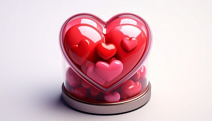 Valentine's Day Composition with Red Hearts inside Glass Dome on White Background