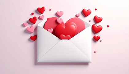 Valentine's Day Concept White Envelope with Red and Pink Heart Decorations on Pink Background
