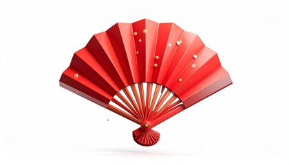 Vibrant Red Decorative Hand Fan Against White Background with Golden Embellishments