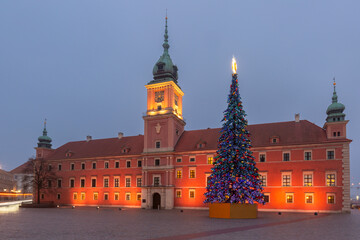 Night view of a Christmas tree and historic buildings in Castle Square in Warsaw, Poland