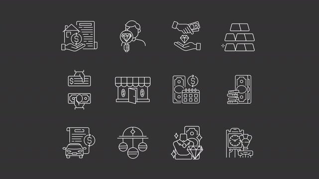 Animated pawn shop white line icons. Borrow money for valuable items animation set. Loan security. Financial support. Landing cash. Isolated elements on dark background. Alpha channel HD video