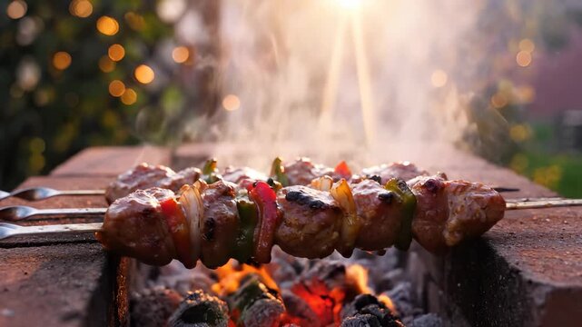 Skewers of meat and vegetables sizzle on a grill, releasing flavorful smoke into the air. This grilling scene creates a warm and inviting atmosphere during a summer evening.