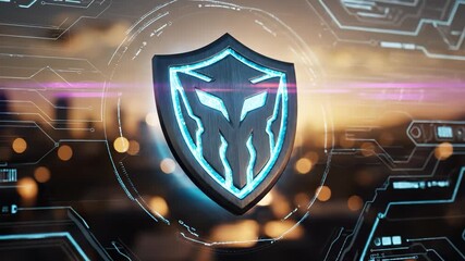 A shield logo glows with neon blue accents against a blurred cityscape background. This emblem symbolizes strength and protection in a modern digital environment. - Powered by Adobe