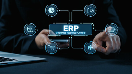ERP platform visual showing centralized system for enterprise resource planning, improving integration, data flow, business efficiency, finance, inventory, and human resources. Elide