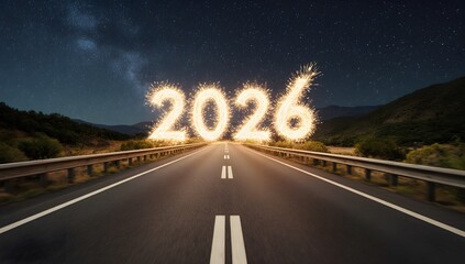 Bright sparklers spelling out 2026 hover over a highway under a starry night sky