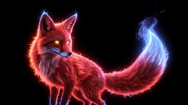 Red fox glows with neon blue highlights on tail and ears, its fur lit by luminous edges against a dark background, evoking a fantasy mood and leaving ample empty space for text and design elements for