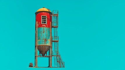Weathered Industrial Silo Against Turquoise Sky featuring Rusted Metal and Abandoned Ladder