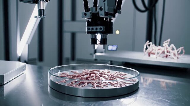 Robotic arm meticulously crafting artificial organic tissue within a petri dish, highlighting groundbreaking advancements in bioengineering and the evolving field of regenerative medicine
