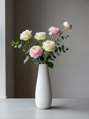 Fototapeta premium Elegant floral arrangement in minimalist vase, roses and ranunculus bloom