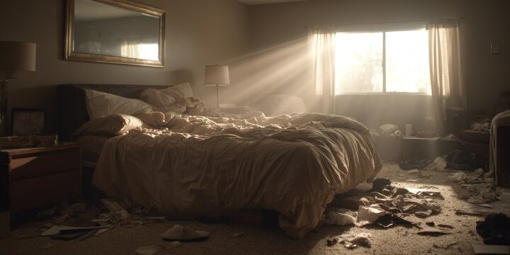 Sunlit bedroom scene messy bed window light interior space concept