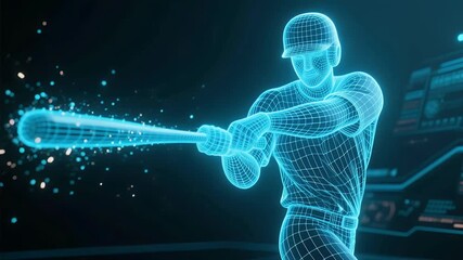 A digital hologram of a baseball player swinging a bat, showcasing a wireframe design against a futuristic background of data and technology. - Powered by Adobe