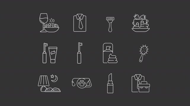 Animated routine white line icons. Everyday healthy activities animation set. Maintaining wellness in daily life. Simple rituals. Isolated elements on dark background. Alpha channel HD video