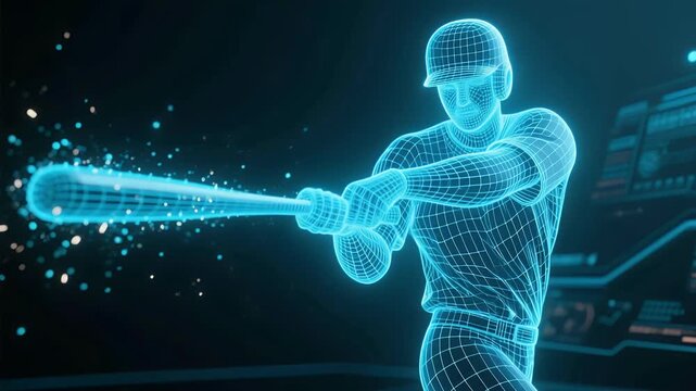 A digital hologram of a baseball player swinging a bat, showcasing a wireframe design against a futuristic background of data and technology.