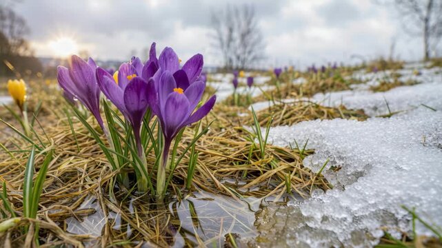 Purple crocus flowers emerging from the ground in early spring, surrounded by melting snow and wet grass. The scene captures the transition from winter to spring in a natural landscape.