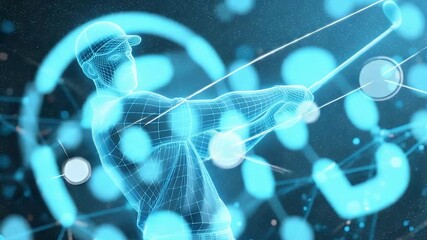 A holographic representation of a golfer in mid-swing, surrounded by abstract digital elements, suggesting technology in sports and data analytics in training. - Powered by Adobe