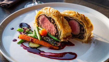 Modern Beef Wellington sliced and plated with red wine reduction