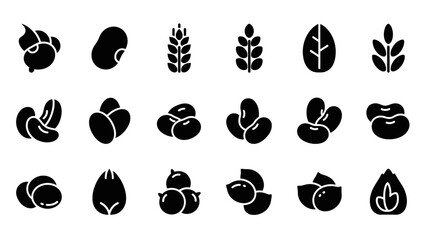 Collection of black silhouette icons depicting various nuts, seeds, grains, and legumes on a white background, perfect for food-related designs. © Melin