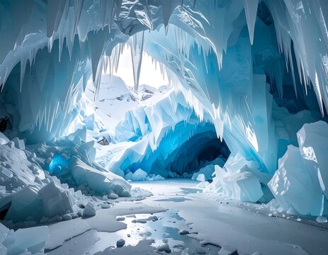 Stunning cavern with icy formations, glowing light, and snow-covered mountains