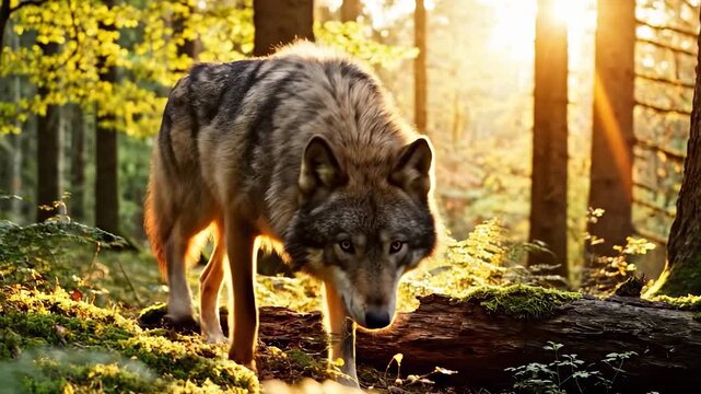 A wolf walks through a sunlit forest, surrounded by vibrant plants and trees. The wolf gracefully navigates the terrain as sunlight filters through the leaves in the serene setting.