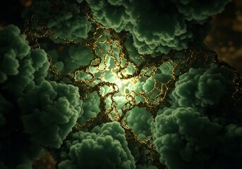 Abstract green fractal landscape with luminous golden veins detailed organic form