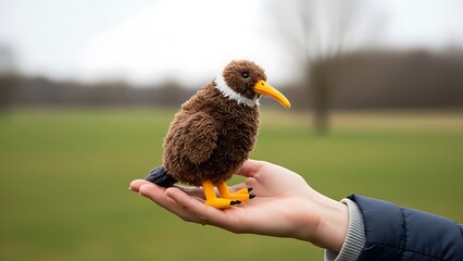 Kiwi bird plush toy resting delicately on the palm of a person