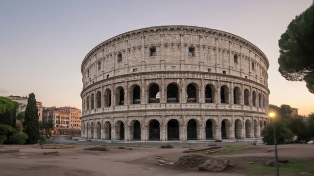 The Colosseum in Rome, Italy, standing alone in a city square at sunset. Perfect for travel brochures, history textbooks, and documentary films.