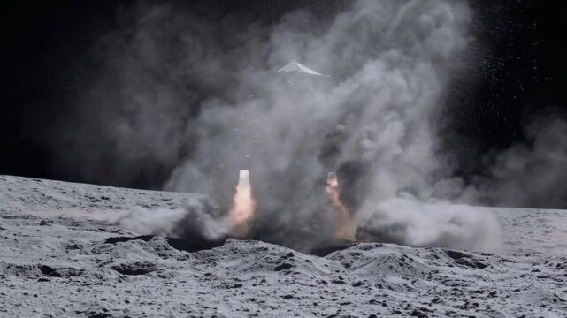 Lunar lander spacecraft performing a controlled descent onto the moon's cratered surface, firing its engines and kicking up regolith dust during the landing sequence