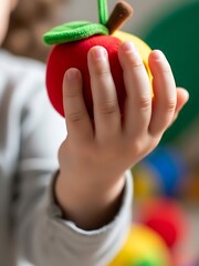Little Hand Holding a Colorful Plush Apple During Playtime at Home