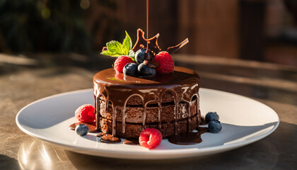 Luxury Sachertorte chocolate cake plated elegantly with chocolate glaze and berries